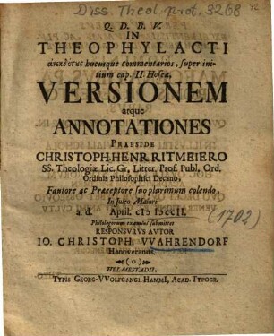 In Theophylacti Anekdotus hucusque commentarios, super initium cap. II. Hoseae, Versionem atque Annotationes