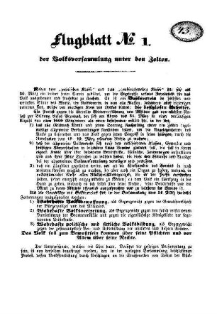 Flugblatt N[umer]o 1. der Volksversammlung unter den Zelten.