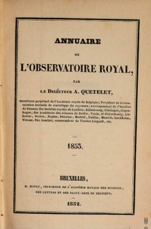 Annuaire de l'Observatoire Royal de Bruxelles. 20, 20. 1853. - 1852