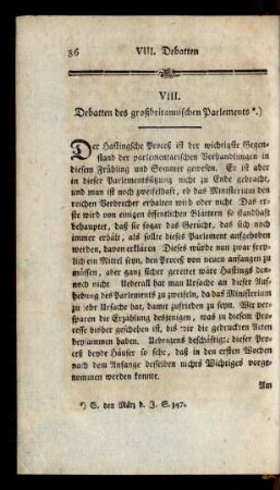 VIII. Debatten des großbritannischen Parlements