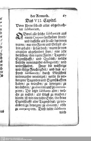 Das VII. [i.e. VI.] Capitel. Vom Unterschied aller obgedachter substantien.