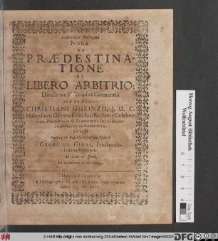 Diaskepsin Theologikēn Nona De Praedestinatione Et Libero Arbitrio