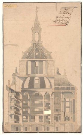 Dresden, Frauenkirche. Entwurf, Längsschnitt : Dresden, Frauenkirche. Längsschnitt, Entwurf George Bähr, unbekannter Zeichner, nach 1726. Feder, Pinsel in Wasserfarbe/Papier. 63,8 x 38,5 cm. Bez.: "Profil von Der Fraun Kirch so Im Jahre 1726 ist von Von dem RathsZimmerMeister Bärren zu baun in Dresden angefangen worden".