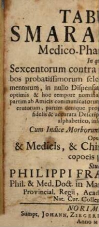 Tabula Smaragdina Medico-Pharmacevtica : In qua Sexcentorum contra omnis generis morbos probatissimorum selectissimorumque Medicamentorum ... fidelis & accurata Descriptio ... legitur. Cum Indice Morborum & Medicamentorum. Opus & Medicis, & Chirurgis, & Pharmacopoeis perutile
