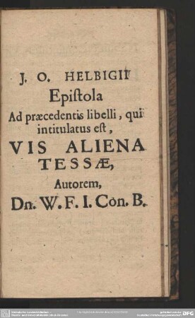 J. O. Helbigii Epistola Ad praecedentis libelli