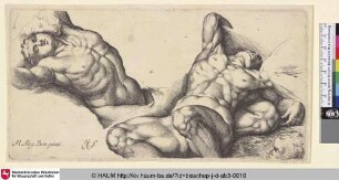 [Studienblatt mit Aktstudien zweier liegender Männer und Detailstudien; Two Male Nudes Lying on their Backs]