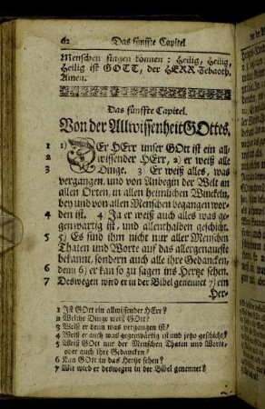 Das fünffte Capitel. Von der Allwissenheit Gottes. - Das sechste Capitel. Von der Allweißheit Gottes.