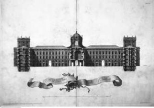 Dichiarazione dei disegni del Reale Palazzo di Caserta ..., Tav. VII: Schnitt durch Mittel- und Seitentrakte in den vorderen Höfen