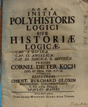Initia Polyhistoris Logici Sive Historiae Logicae, Cap. I. Divina, Cap. II. Angelica, Cap. III. Heroica S. Mythica