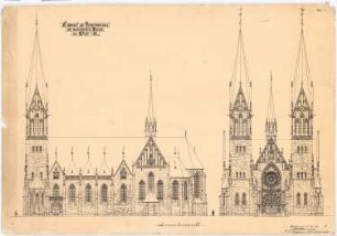 Pfarrkirche Sankt Martinus, Olpe: Seiten- und Vorderansicht 1:100 (finale Entwurfsphasen 1 und 2)
