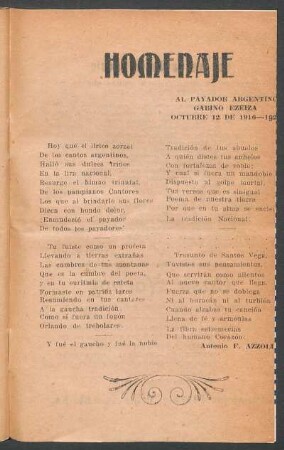 Homenaje al payador argentino Gabino Ezeiza, Octubre 12 de 1916-1922