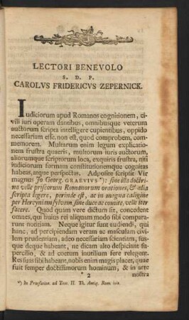 Lectori Benevolo S.D.P. Carolus Fridericvs Zepernick.