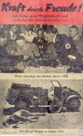 Bebildertes anglo-amerikanisches Abwurf-Flugblatt zum Einsatz des geplanten "KdF-Wagens" als Kriegsfahrzeug