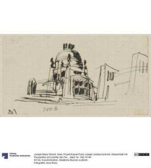 Wien, Projekt Kaiser Franz Joseph Jubiläumskirche, Skizzenblatt mit Perspektive und (rechts) der Perspektive einer monumentalen Mauer