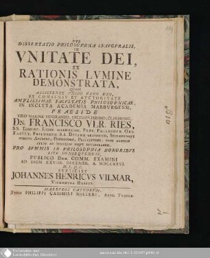Dissertatio Philosophica Inavgvralis, De Vnitate Dei, Ex Rationis Lvmine Demonstrata