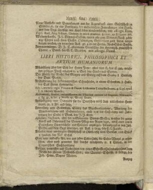 Libri Historici, Philosophici Et Artium Humaniorum.