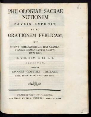 Philologiae Sacrae Notionem Pavcis Exponit, Et Ad Orationem Pvblicam