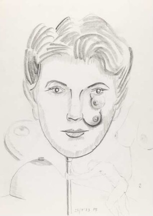 Surrealistisches Portrait (Phantasie mit Kopf auf Stab und Brüsten)