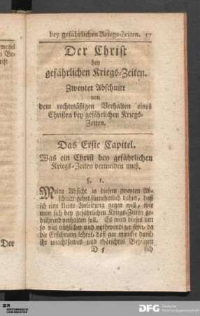 Das Erste Capitel. Was ein Christ bey gefährlichen Kriegs-Zeiten vermeiden muß.