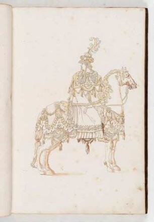 Reiterin in einem aufwändigen Kostüm mit Mantel auf einem Pferd mit Prachtreitzeug, in: Equestrium statuarum [...] formae [...] artificiosissime pictis, Bl. 18