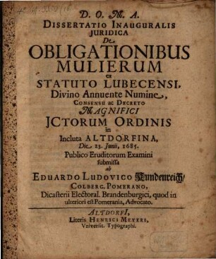 Diss. inaug. iur. de obligationibus mulierum ex statuto Lubecensi