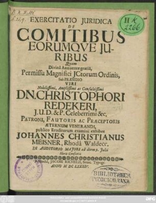 Exercitatio Iuridica De Comitibus Eorumque Iuribus