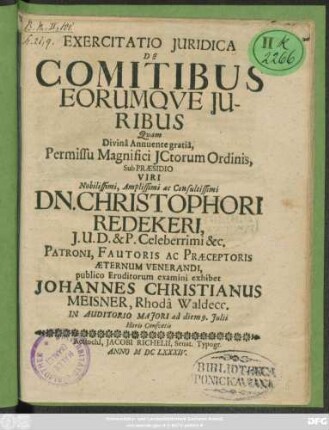 Exercitatio Iuridica De Comitibus Eorumque Iuribus