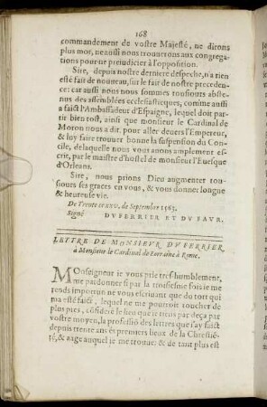 Lettre De Monsieur Du Ferrier à Monsieur le Cardinal de Lorraine à Rome
