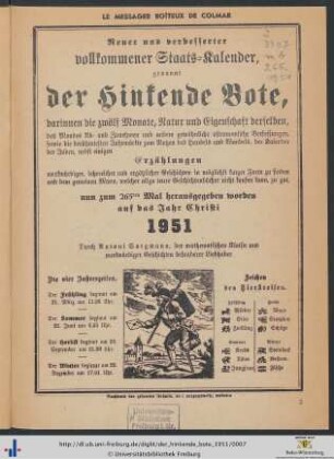 Neuer und verbesserter vollkommener Staats-Kalender, genannt der Hinkende Bote, ... auf das Jahr 1951.