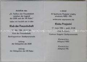 Einladungskarte in den Klub der Freundschaft anlässlich des 3. Treffens der Freundschaft zwischen der Jugend der DDR und der VR Polen (deutsch und polnisch)