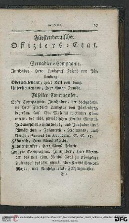 Fürstenbergischer Offiziers = Etat