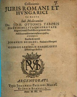 Collationis Juris Romani Et Hvngarici Ta Prōta