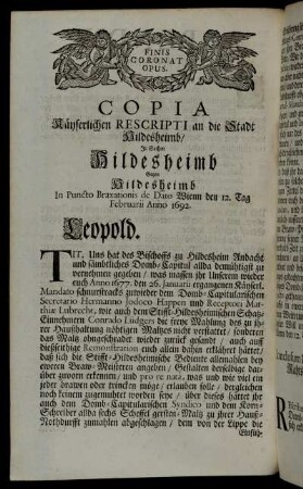 Copia Käyserlichen Rescripti an die Stadt Hildesheimb [...]