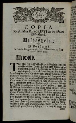 Copia Käyserlichen Rescripti an die Stadt Hildesheimb [...]