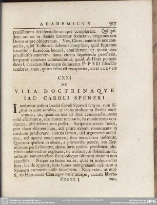 CXXI De Vita Doctrinaque Iac. Caroli Speneri