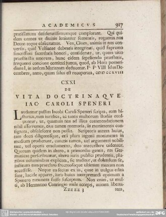 CXXI De Vita Doctrinaque Iac. Caroli Speneri
