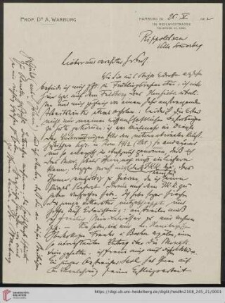 Brief von Aby Moritz Warburg an Franz Boll