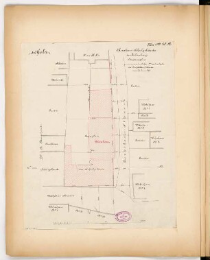 Knabenschule, Eilenburg Monatskonkurrenz Juni 1881: Lageplan; Maßstabsleiste