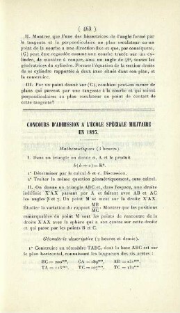 Concours d'admission a l'École Spéciale Militaire en 1893.
