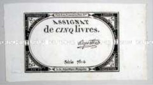 Frankreich, Revolution, Assignat 5 Livres