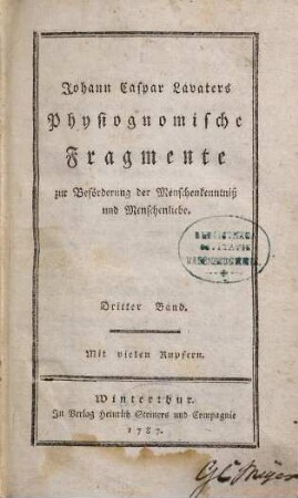 J. C. Lavaters Physiognomische Fragmente zur Beförderung der Menschenkenntniß und Menschenliebe : mit vielen Kupfern, 3