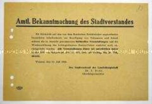 Amtliche Bekanntmachung des Stadtvorstandes von Weimar zur Aussetzung kultureller Veranstaltungen sowie der Eröffnung des Lichtspielhauses Zentral-Palast bis nach dem angeordneten Arbeitseinsatz zur Beseitigung von Trümmern und Schutt