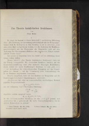 Zur Theorie katalytischer Reaktionen