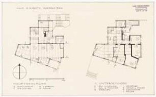Schmitz-Häuser, Biberach/Riss Wohnhaus Guido Schmitz: Grundrisse Hauptgeschoss (u.) 1. Untergeschoss 1:100