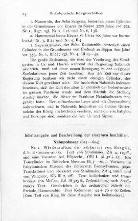 Inhaltsangabe und Beschreibung der einzelnen Inschriften