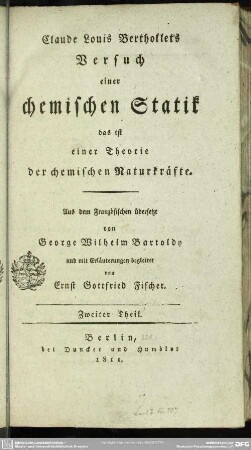 2: Claude Louis Berthollet's Versuch einer chemischen Statik : das ist einer Theorie der chemischen Naturkräfte