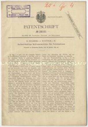 Patentschrift einer selbsttätigen Schleppweiche für Feldbahnen, Patent-Nr. 28031