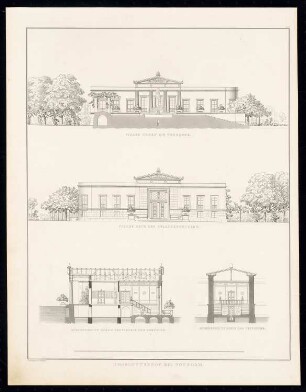 Schloss Charlottenhof, Potsdam: Seitenansichten, Querschnitt, Längsschnitt (aus: Sammlung Architektonischer Entwürfe, Berlin 1858)