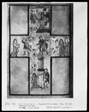 Evangeliar (Codex purpureus) — Bildseite in Form eines Kreuzes mit Szenen des bethlehemi schen Kindermordes, Folio 24verso