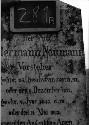 Grabstein 281 (Index: 100090164) Material: weißer Marmor, unterer Sockelteil Kalkst. Zustand: gut Maße HxBxT: 144x47x13 cm Beschreibung: Stele, getreppt. Sockel, unterster Sockelteil rustica, giebelartiger Abschluß Symbolik: Kranz um Abschluß Steinmetz: A. Weber Diessenhofen: Grabstein 281B